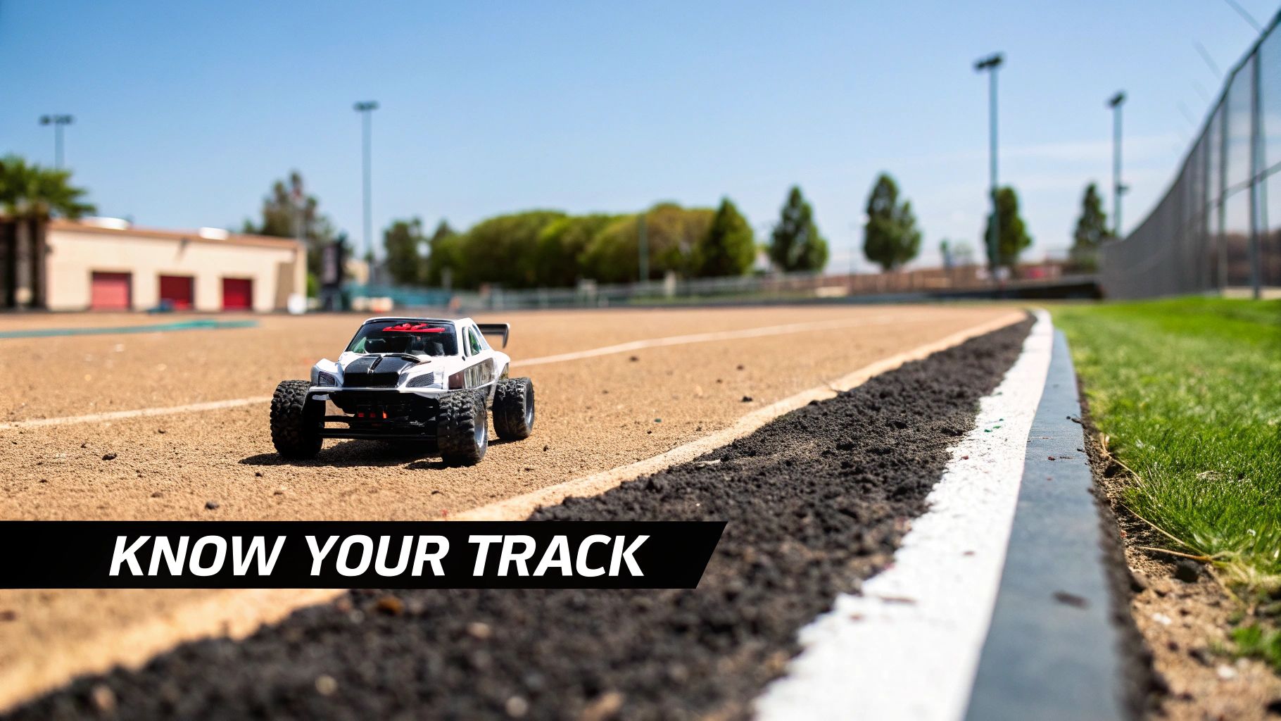 A white and black remote control car on a dirt racing track next to green grass.