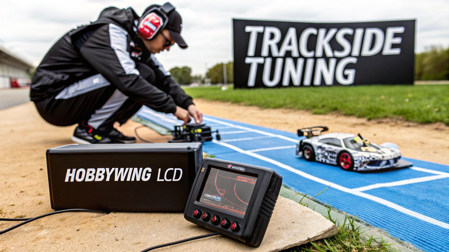A person crouches on a dirt path, tuning an RC car on a blue track with electronic devices.