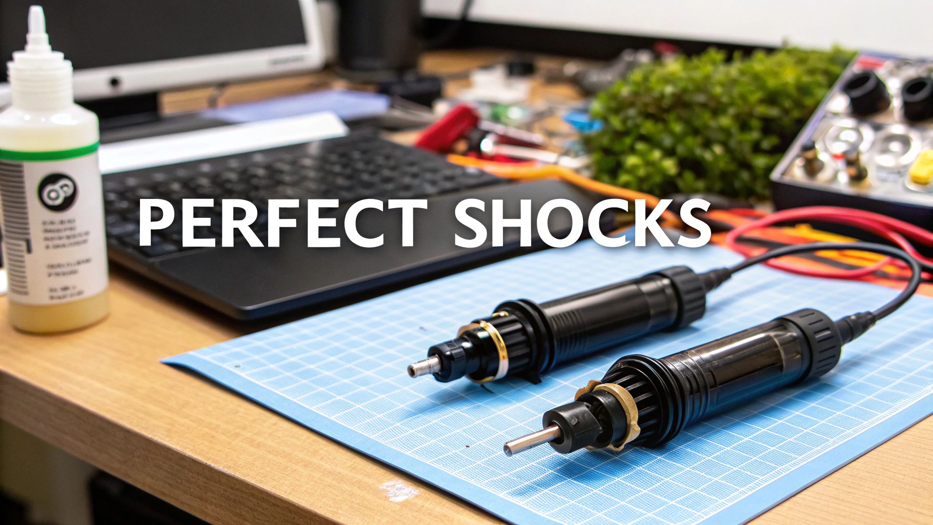 Two black RC shock absorbers on a blue grid mat, with a laptop and tools.