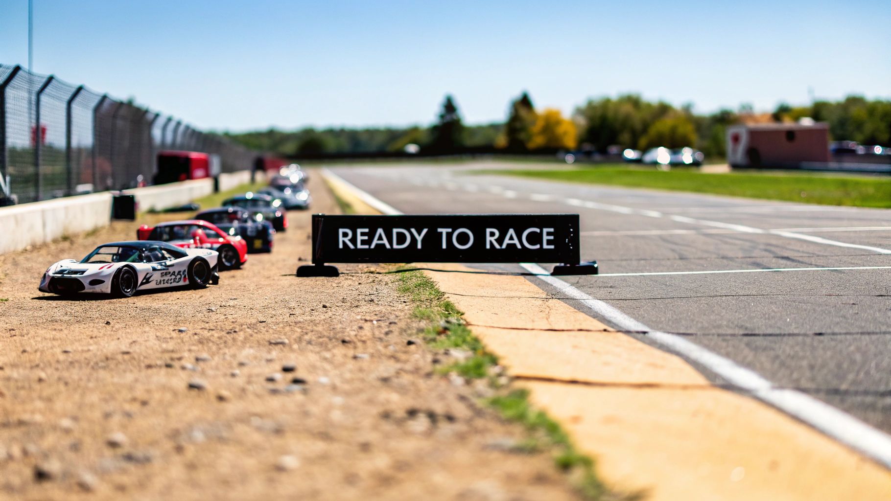 RC race cars parked on a dirt shoulder next to a racetrack with a 'READY TO RACE' sign.
