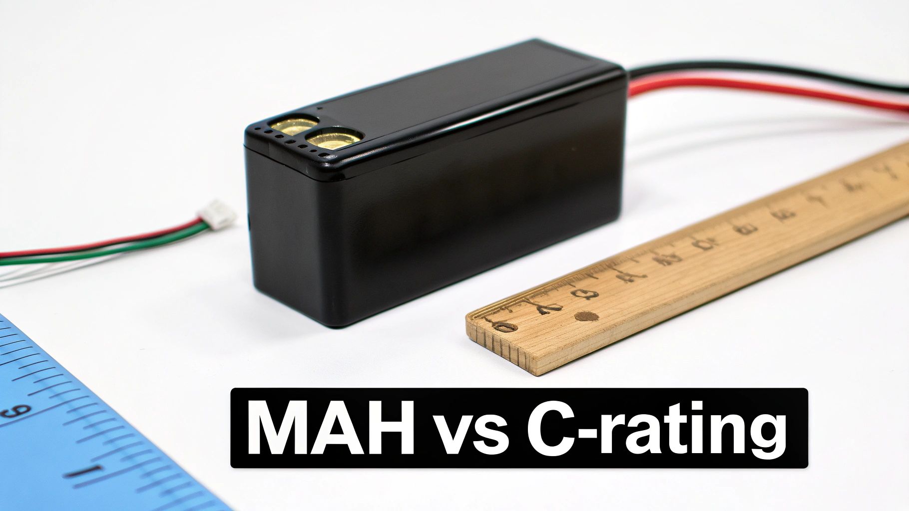 Black electronic device with exposed connectors and wires, alongside rulers, discussing MAH vs C-rating.
