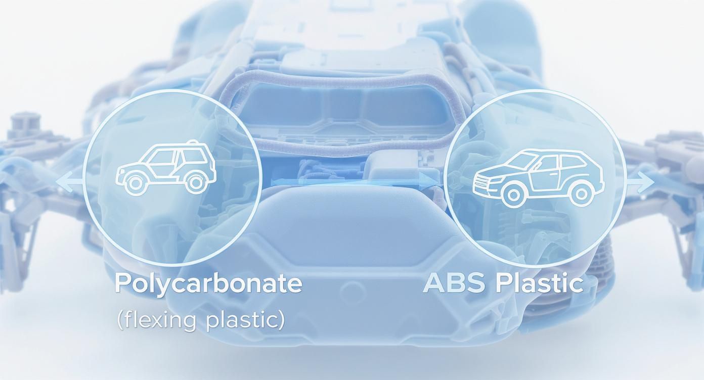 Diagram illustrating polycarbonate (flexing) and ABS plastic materials for RC car body construction.