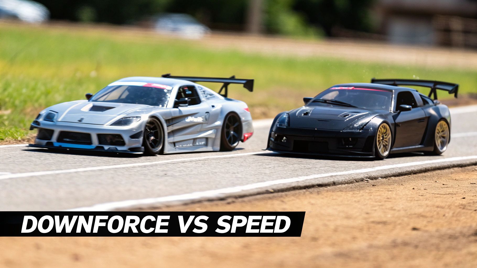 Two detailed 1/10 scale RC race cars, a silver and a black one, on an asphalt road.