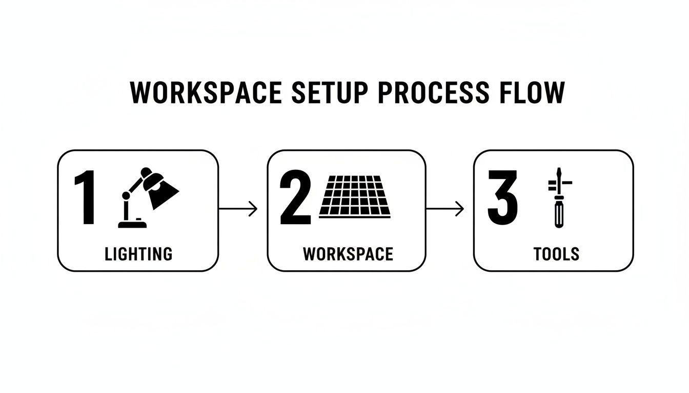 A process flow diagram showing three steps for workspace setup: Lighting, Workspace, and Tools.