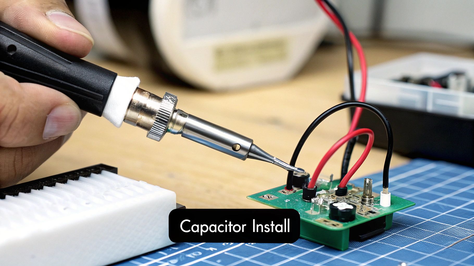 A hand solders components onto a green circuit board, with red and black wires, labeled "Capacitor Install".