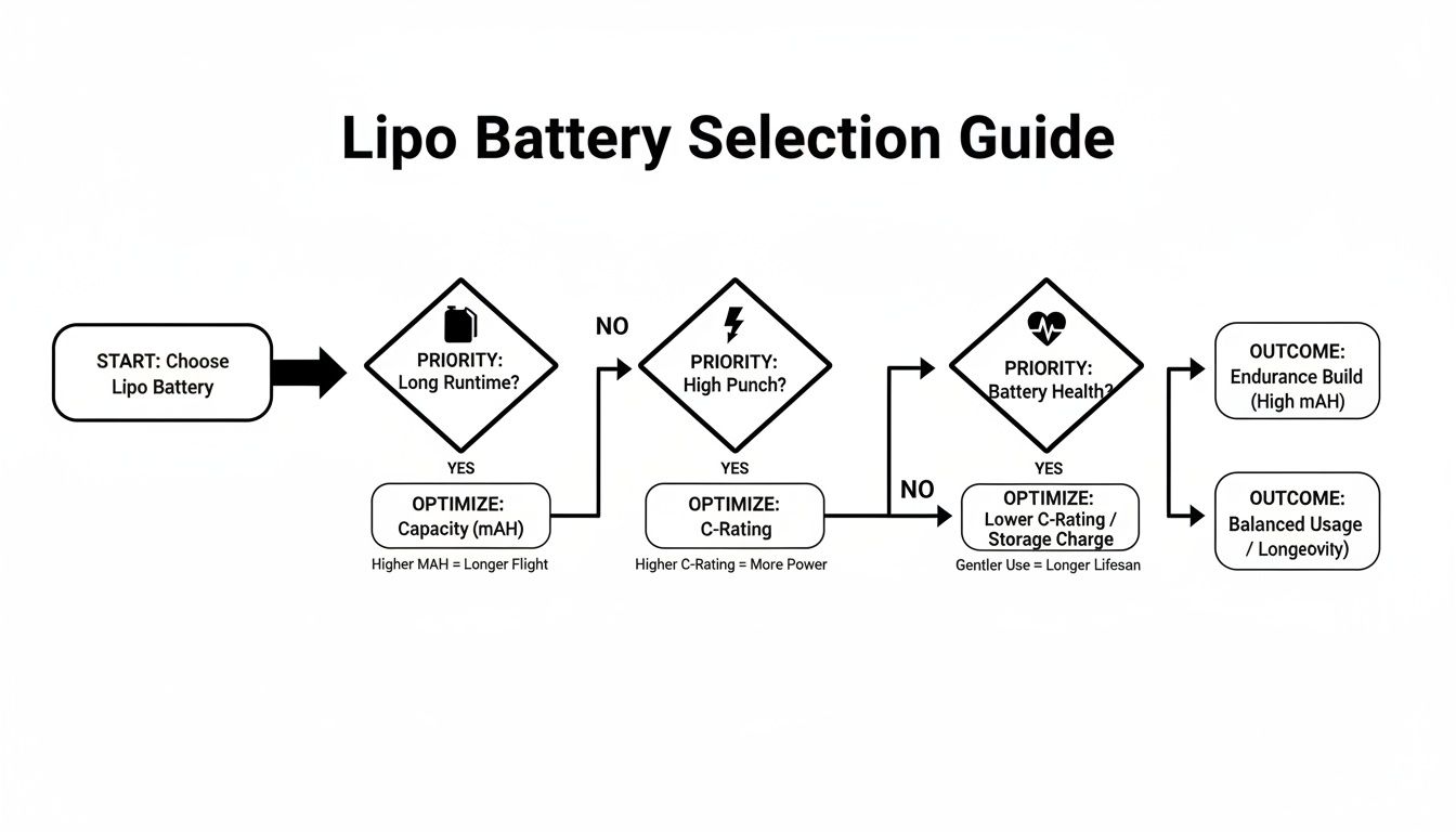 Flowchart illustrating a Lipo battery selection guide based on runtime, punch, and battery health priorities.