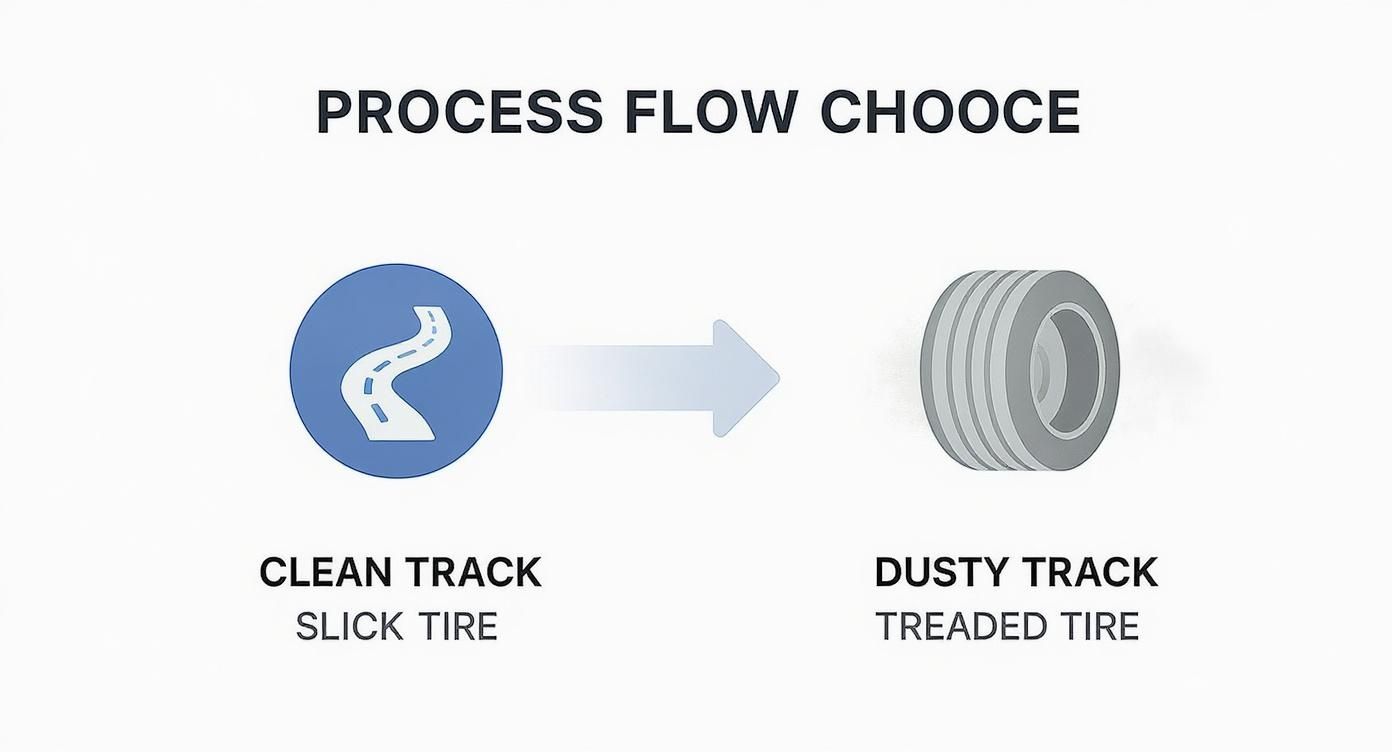Process flow diagram illustrating tire choices for clean vs. dusty tracks, showing slick and treaded tires.
