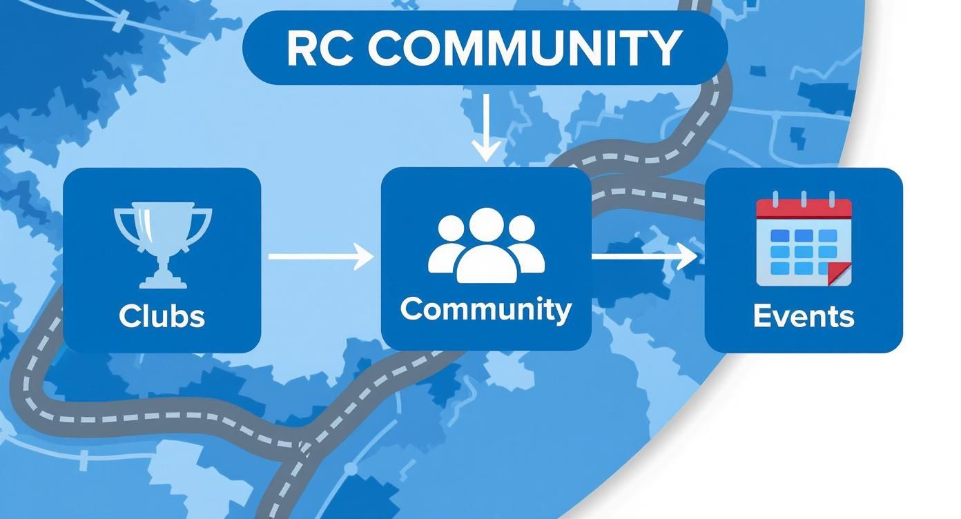 RC Community diagram illustrating connections between Clubs, Community, and Events for enthusiasts.