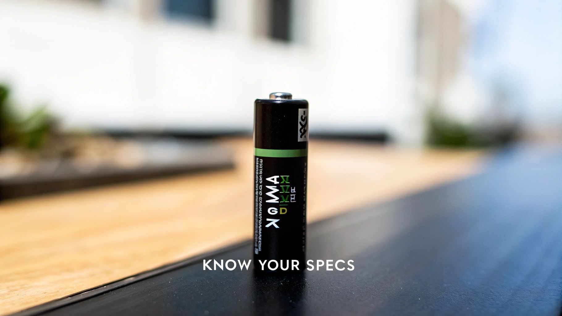A close-up shot of a black AAA battery with a green label, resting on a dark surface.