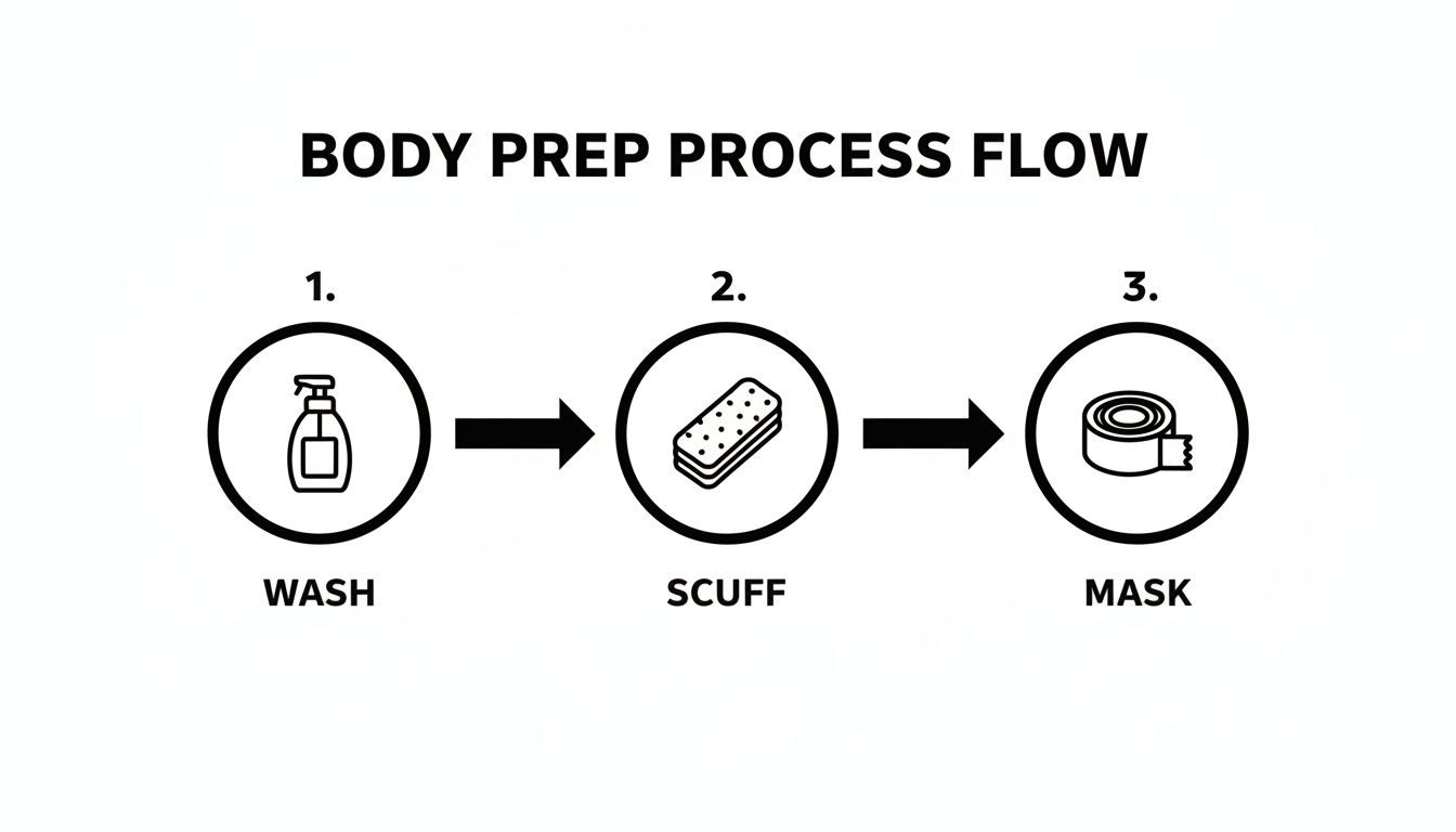 A body prep process flow diagram showing three steps: wash, scuff, and mask.