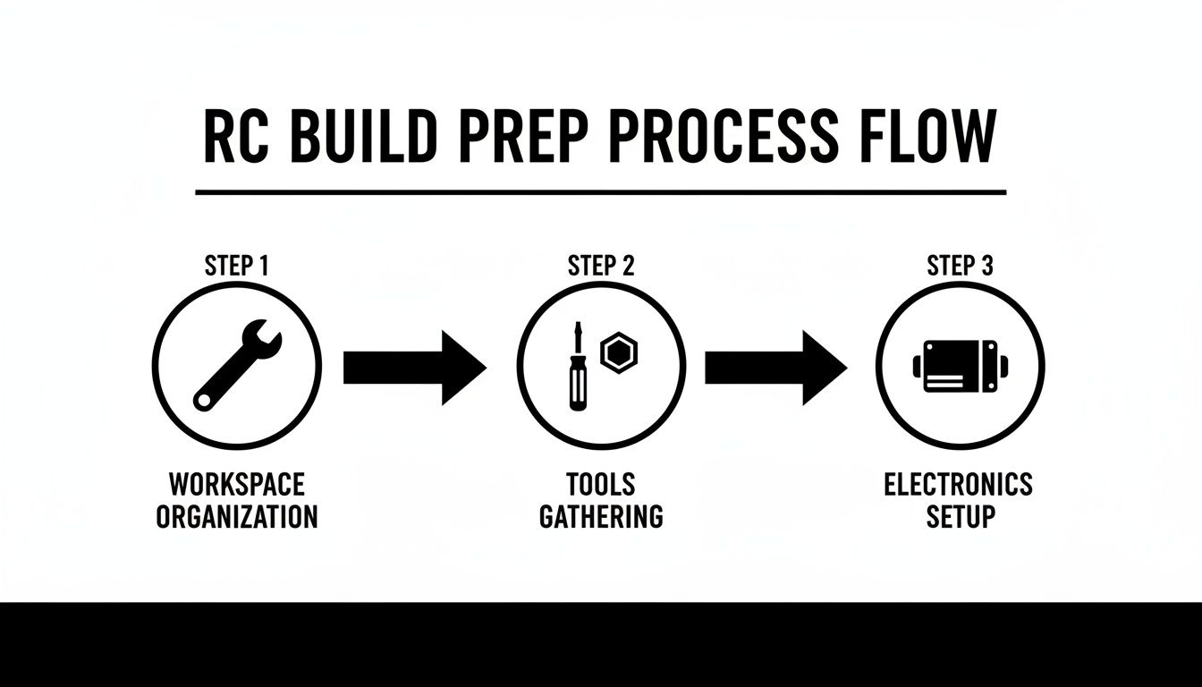 A flow chart illustrating the three steps for RC build preparation: workspace, tools, and electronics setup.