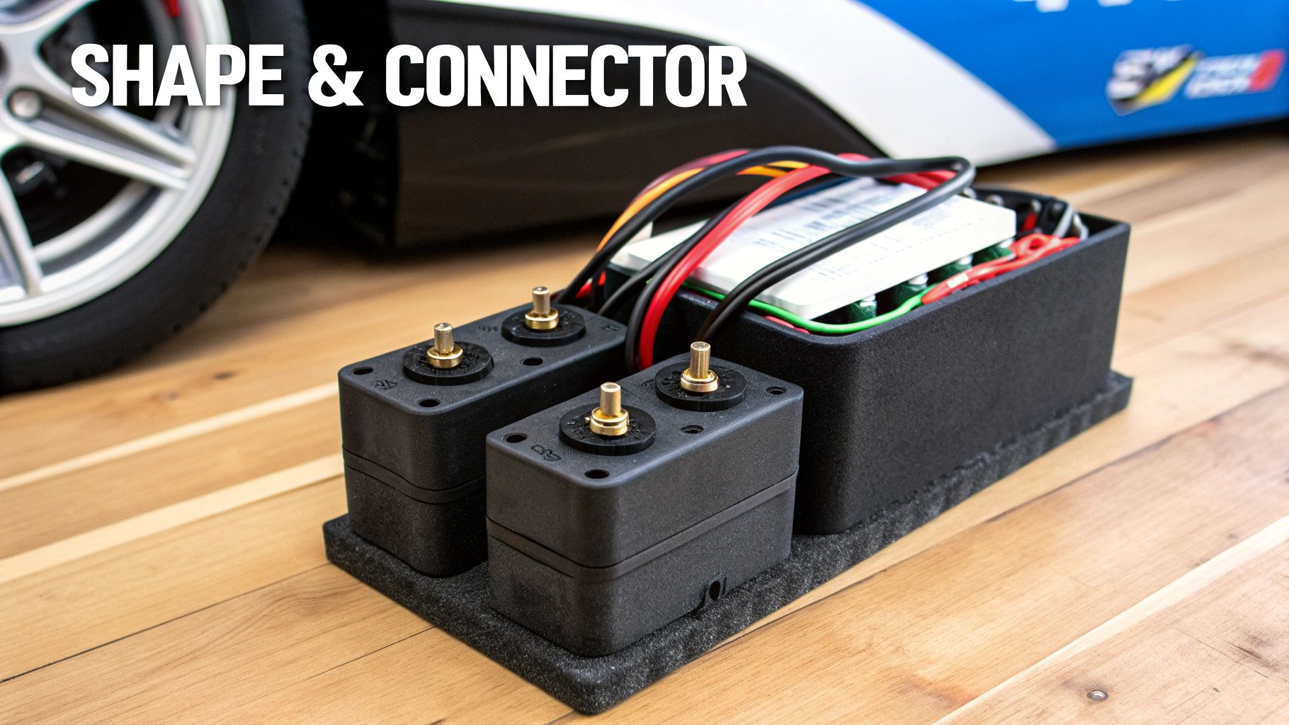 Close-up of electronic modules with brass connectors, wires, and a battery pack on a foam base.