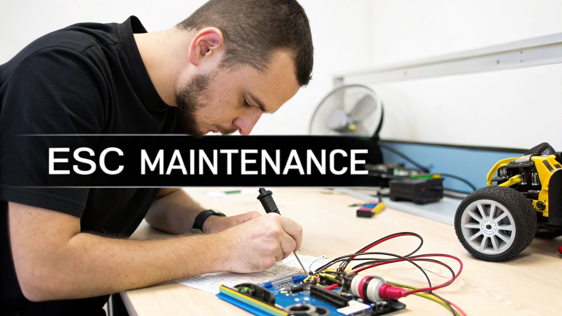 A man carefully performs ESC maintenance on an RC car's electronic components at a workbench.