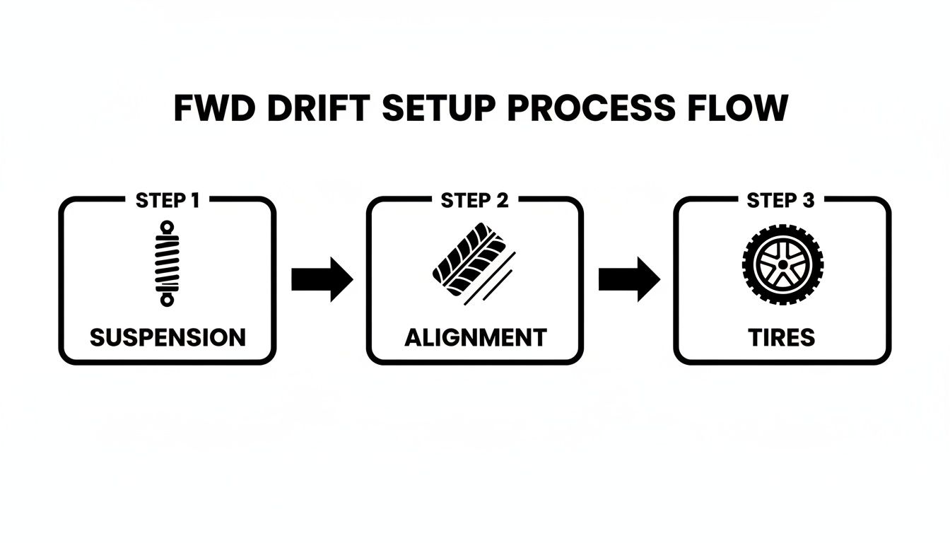 A three-step process flow for FWD drift setup: Suspension, Alignment, and Tires.