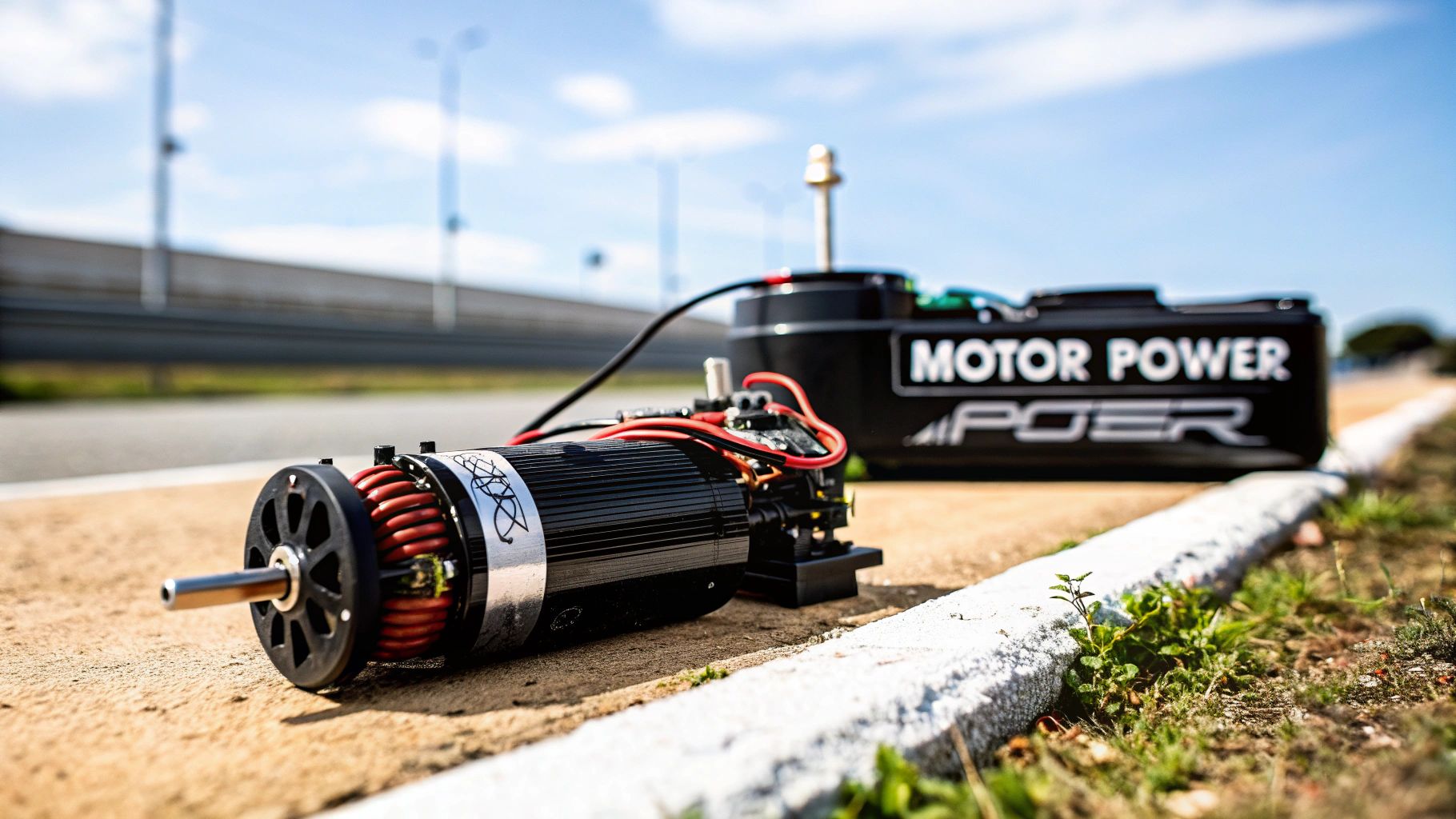 RC motor with red coils and a motor power unit, sitting on a race track edge.