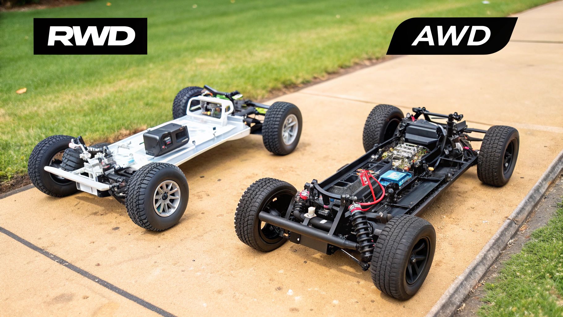 Two remote control car chassis are displayed outdoors, one RWD and one AWD.