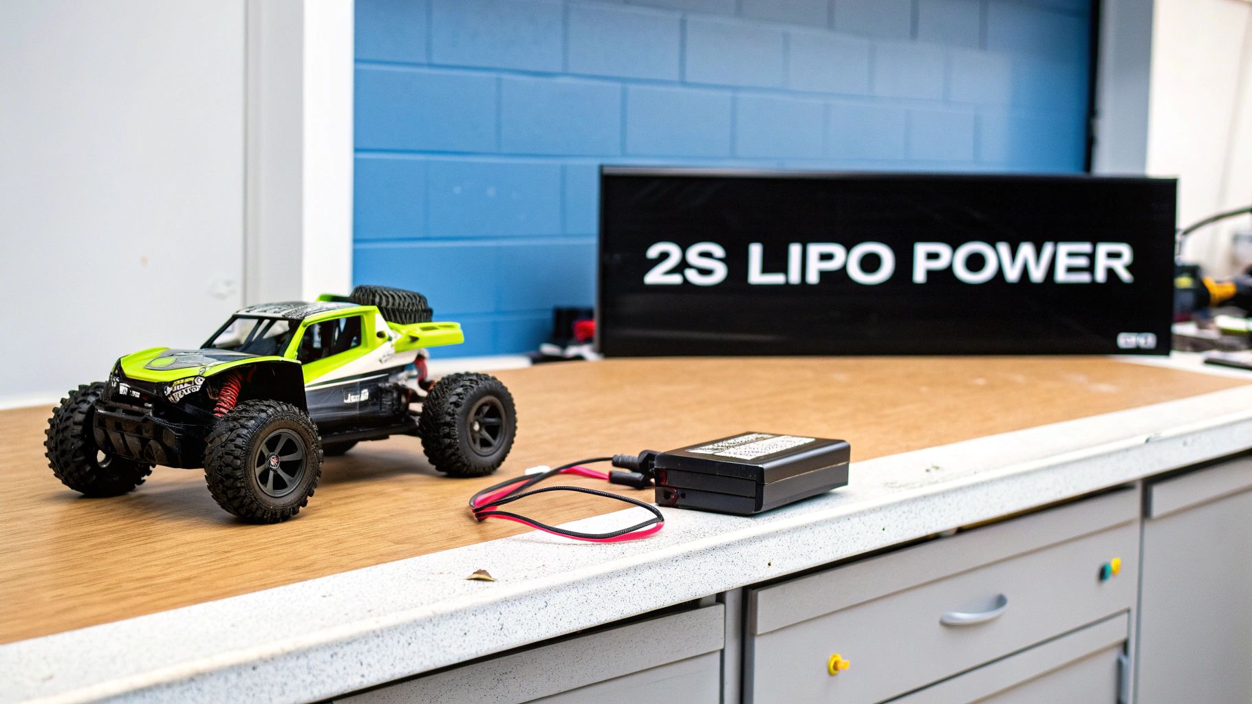 A vibrant green and black RC car sits on a workbench next to a 2S LiPo battery charger.