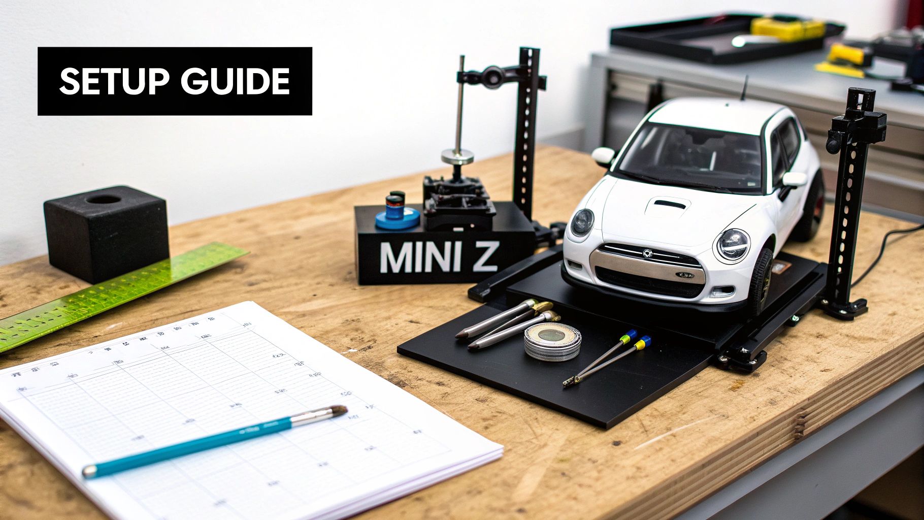 A white Kyosho Mini-Z RC car on a professional setup station with tools and a guide.