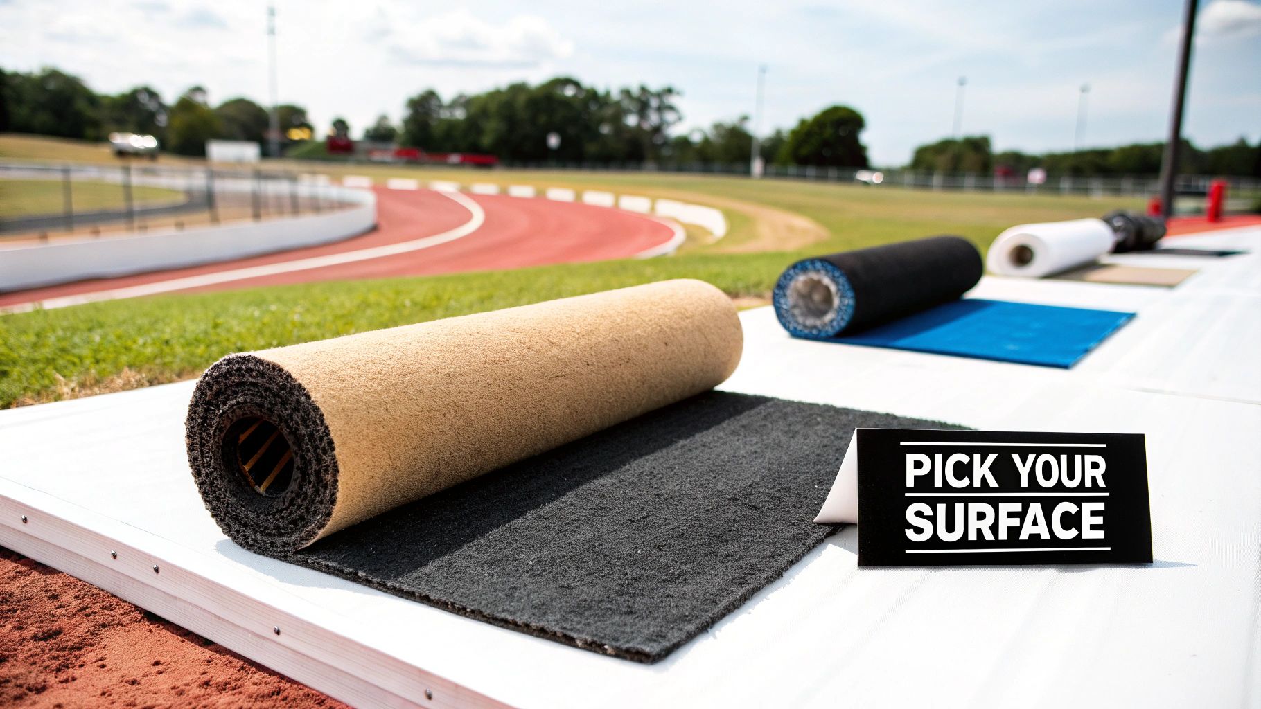 Rolled samples of various track surfaces on a white platform, with a red race track in the background.