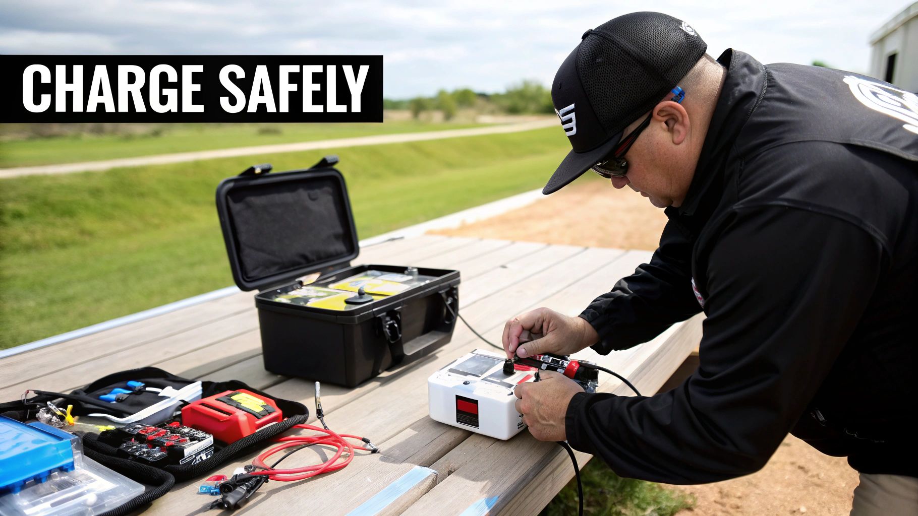 A person charges Lipo batteries safely outdoors on a wooden table using electronic equipment.