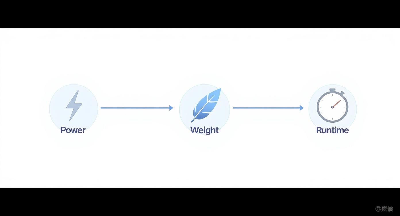 Diagram illustrating the relationship between power, weight, and runtime with icons.