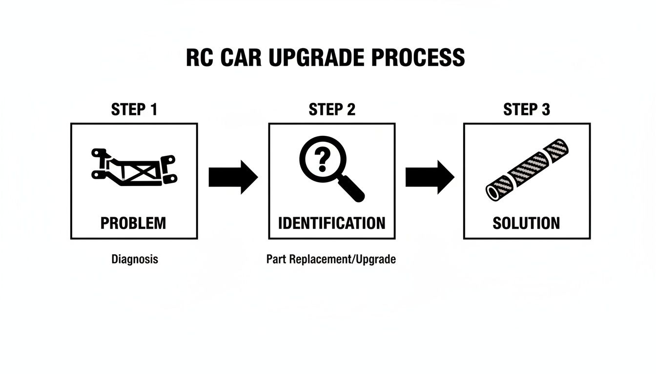 Diagram illustrating a 3-step RC car upgrade process: Problem, Identification, and Solution.