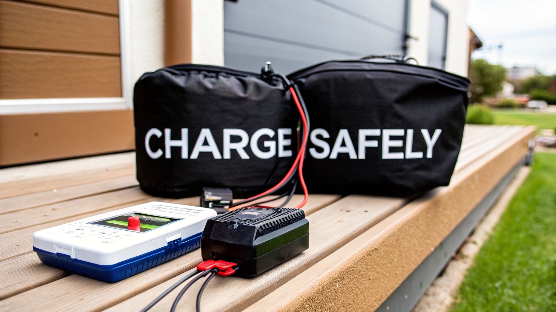 A safe charging setup with two 'CHARGE SAFELY' bags, a device, and charger on a wooden deck.