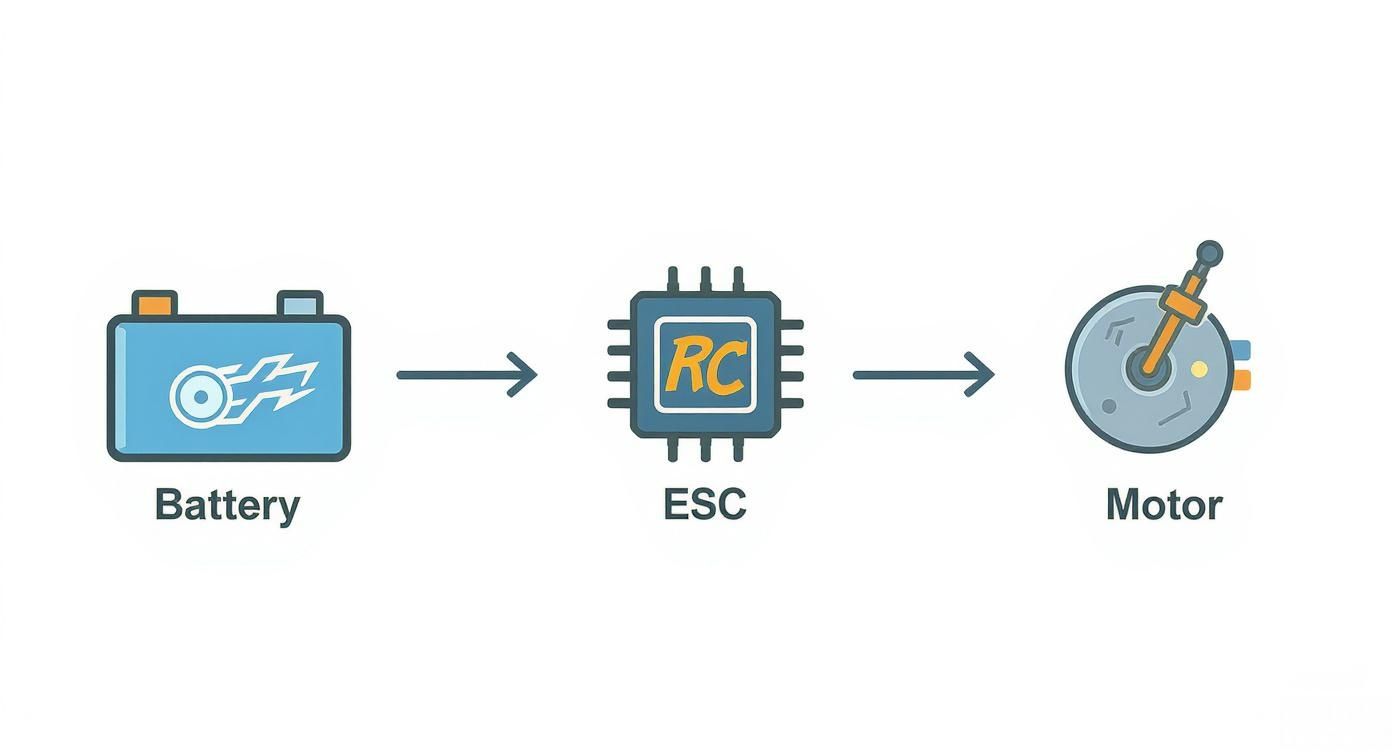 Diagram showing the power transmission in an RC system from Battery to ESC to Motor.