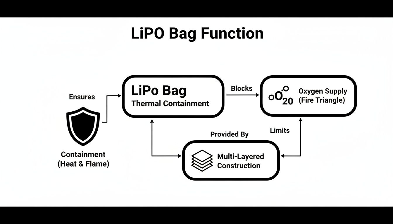 Diagram illustrating LiPo Bag function, showing thermal containment, oxygen blocking, and multi-layered construction for heat and flame containment.