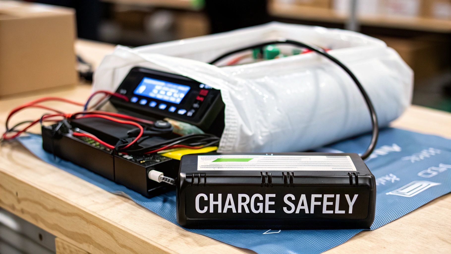 A black battery charger with a 'CHARGE SAFELY' label on a blue mat, surrounded by electronic devices and cables.