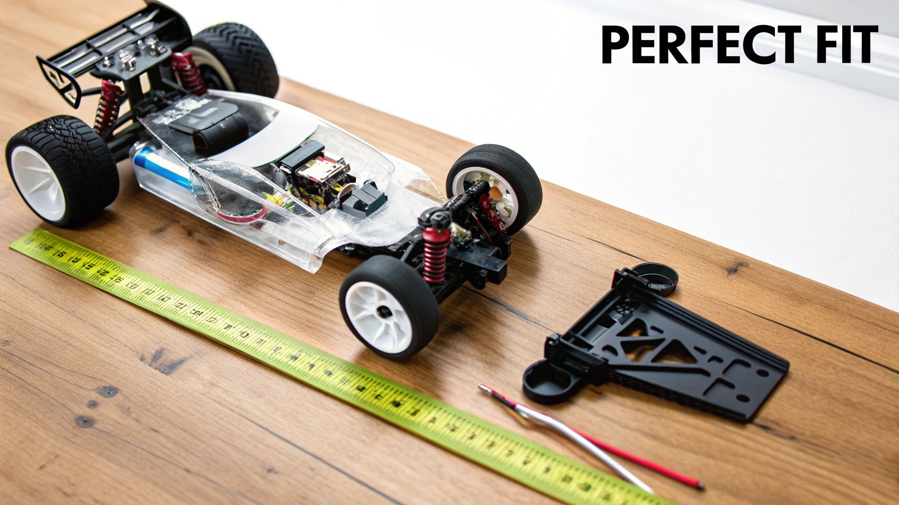 Partially assembled RC car with a clear body, ruler, and tools on a wooden desk.
