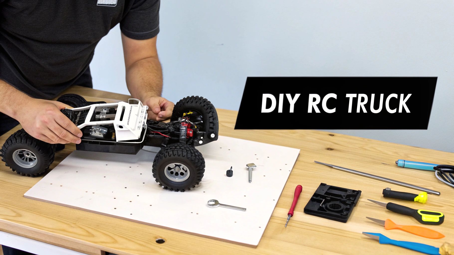 A person building a DIY RC truck on a wooden table, surrounded by various tools.