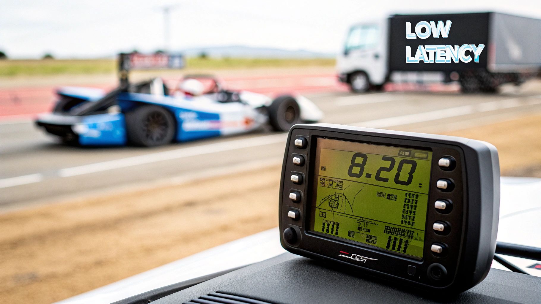 Digital display showing '8.20' on a race track with a blurred race car and 'LOW LATENCY' truck.
