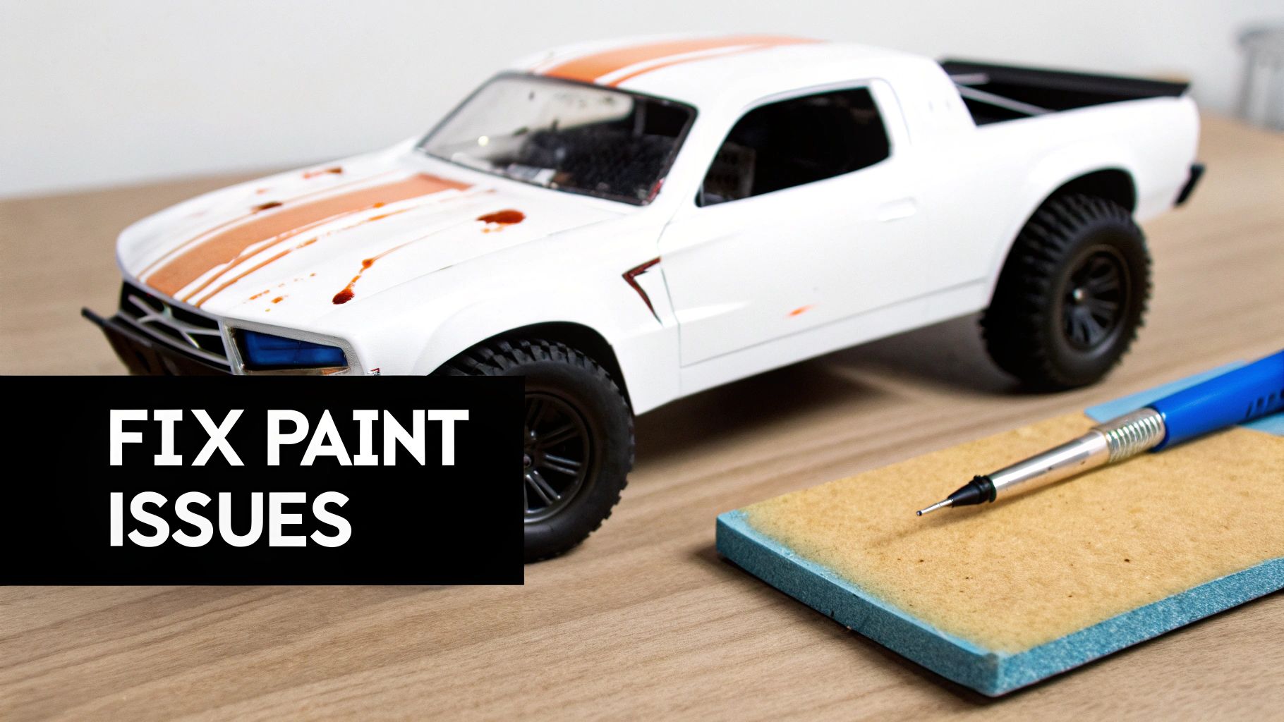 A white toy truck with orange stripes and red paint splatters, next to a detailing pen.