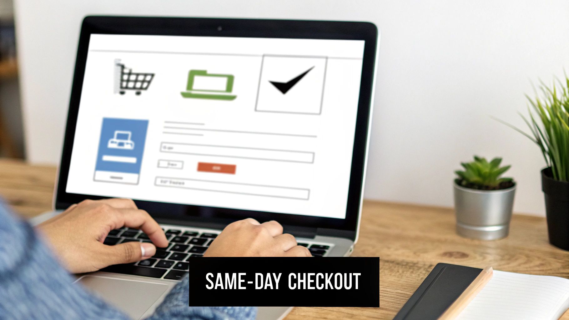 Hands typing on a laptop showing an online checkout process with shopping cart and checkmark icons.