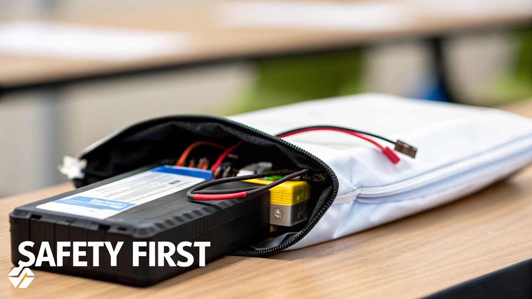 A white pouch on a wooden table containing a black battery and various electronics, with 'SAFETY FIRST' overlaid.