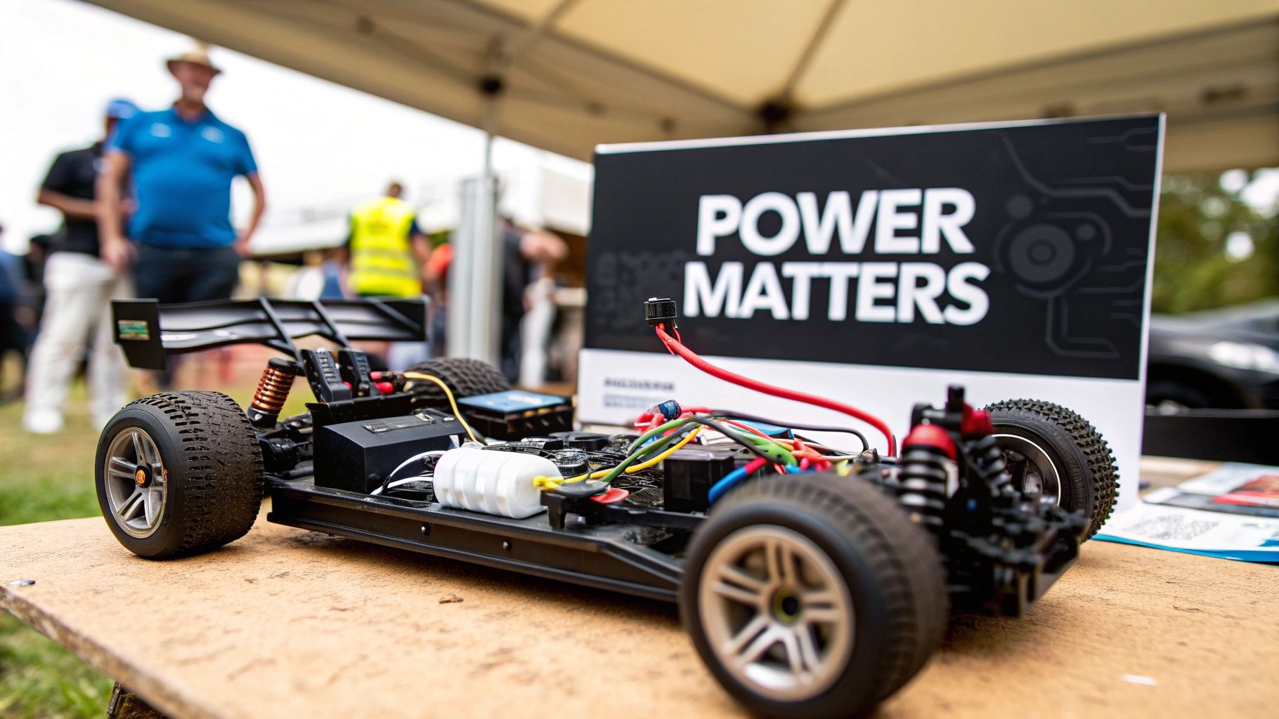 An RC car chassis with exposed wiring and electronics sits on a wooden table near a 'POWER MATTERS' sign.