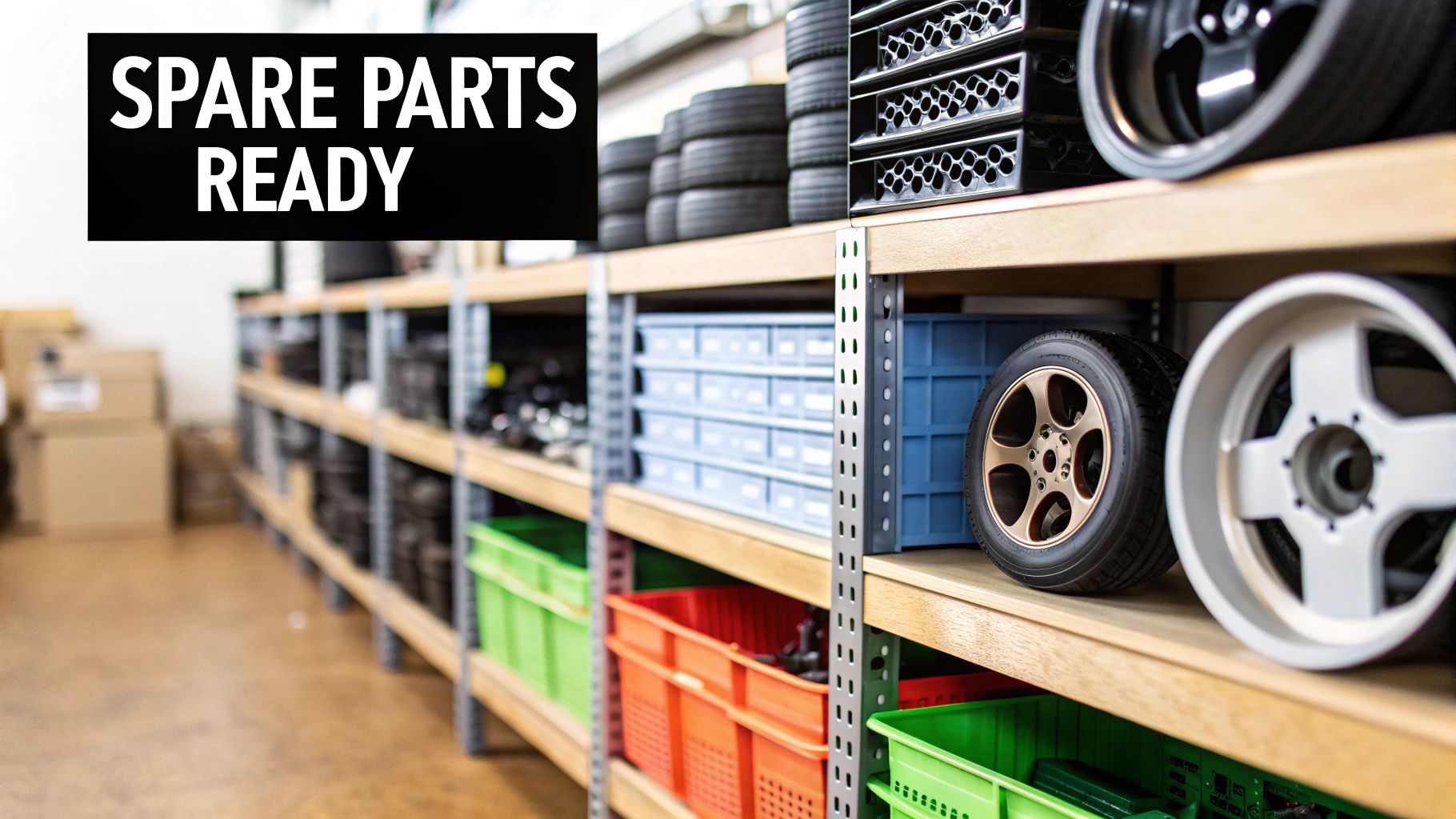 Shelves in a store or warehouse filled with RC car spare parts, including tires and wheels.