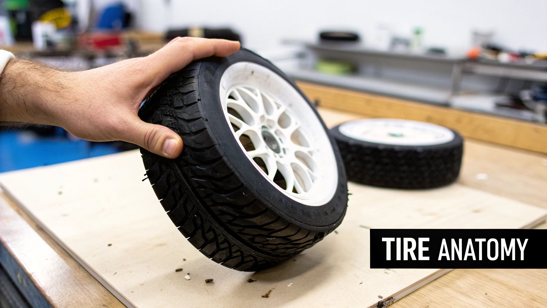 A hand holds a miniature RC car tire with a white spoked rim, showcasing its tread on a wooden table.
