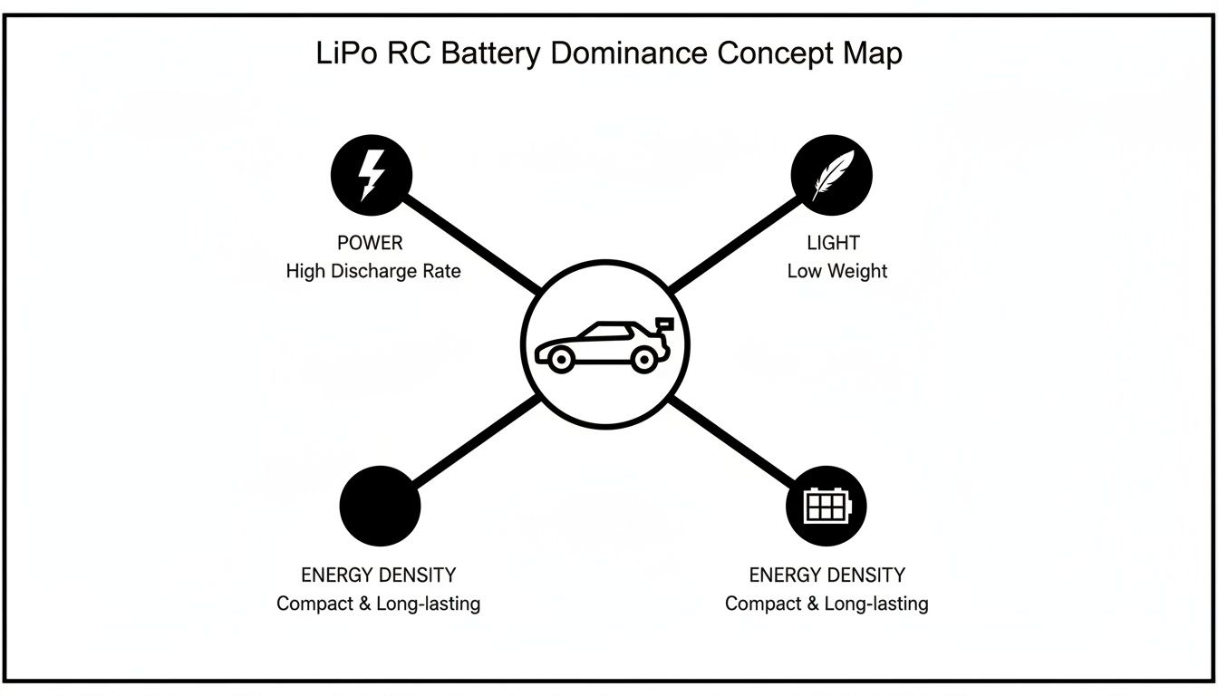 Concept map illustrating the dominance of LiPo RC batteries, highlighting their power, low weight, and high energy density.
