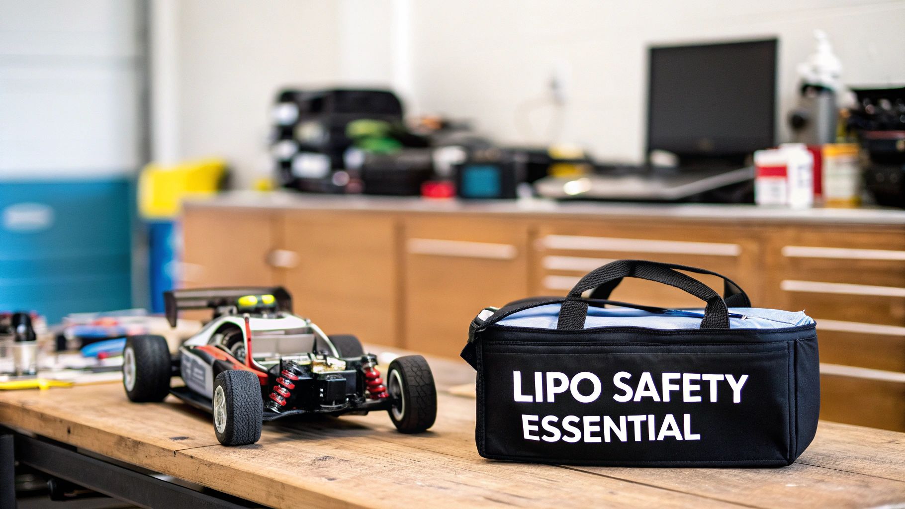 An RC car and a black 'LIPO SAFETY ESSENTIAL' bag on a wooden table in a workshop.