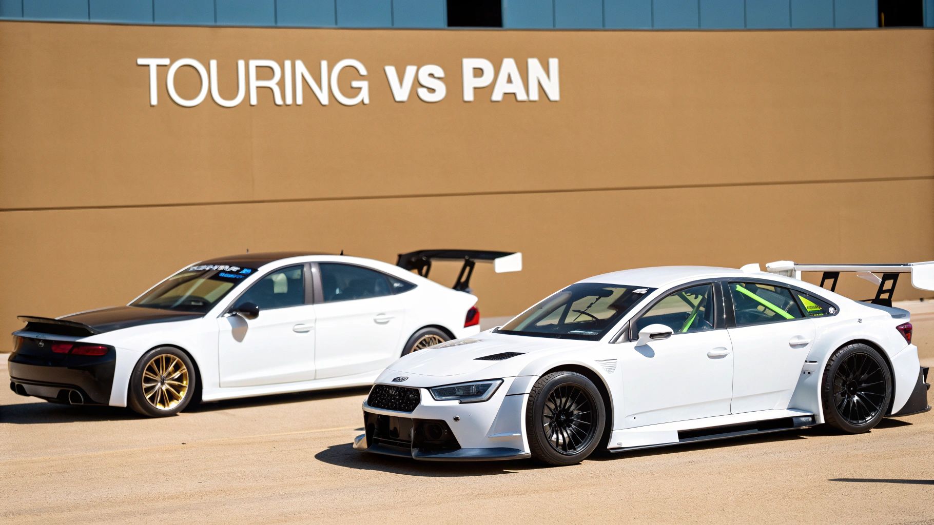 Two modified white race cars with spoilers and widebody kits parked on a track.