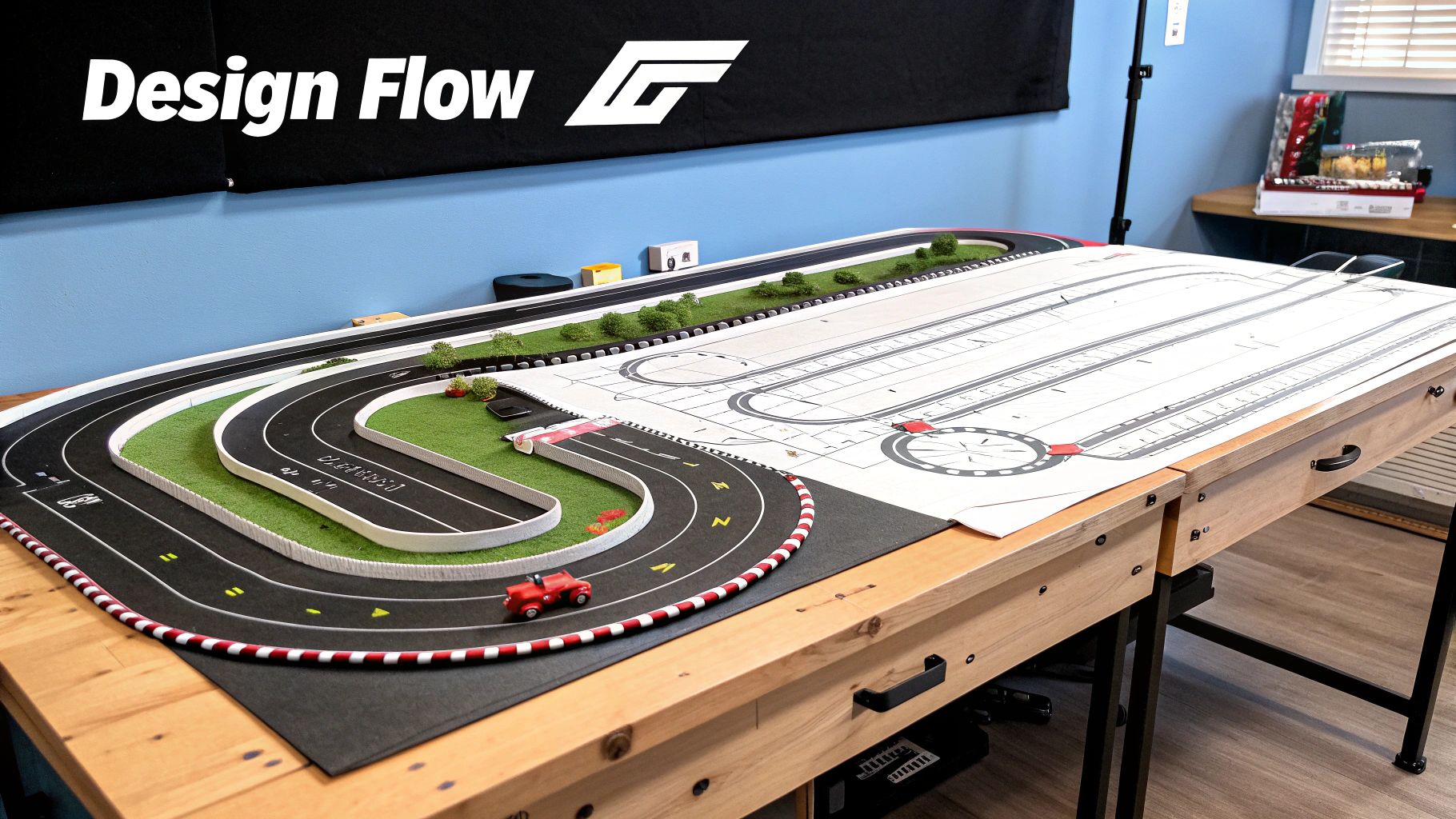 Miniature RC race track with a red car on a table, featuring both 3D elements and a blueprint layout.