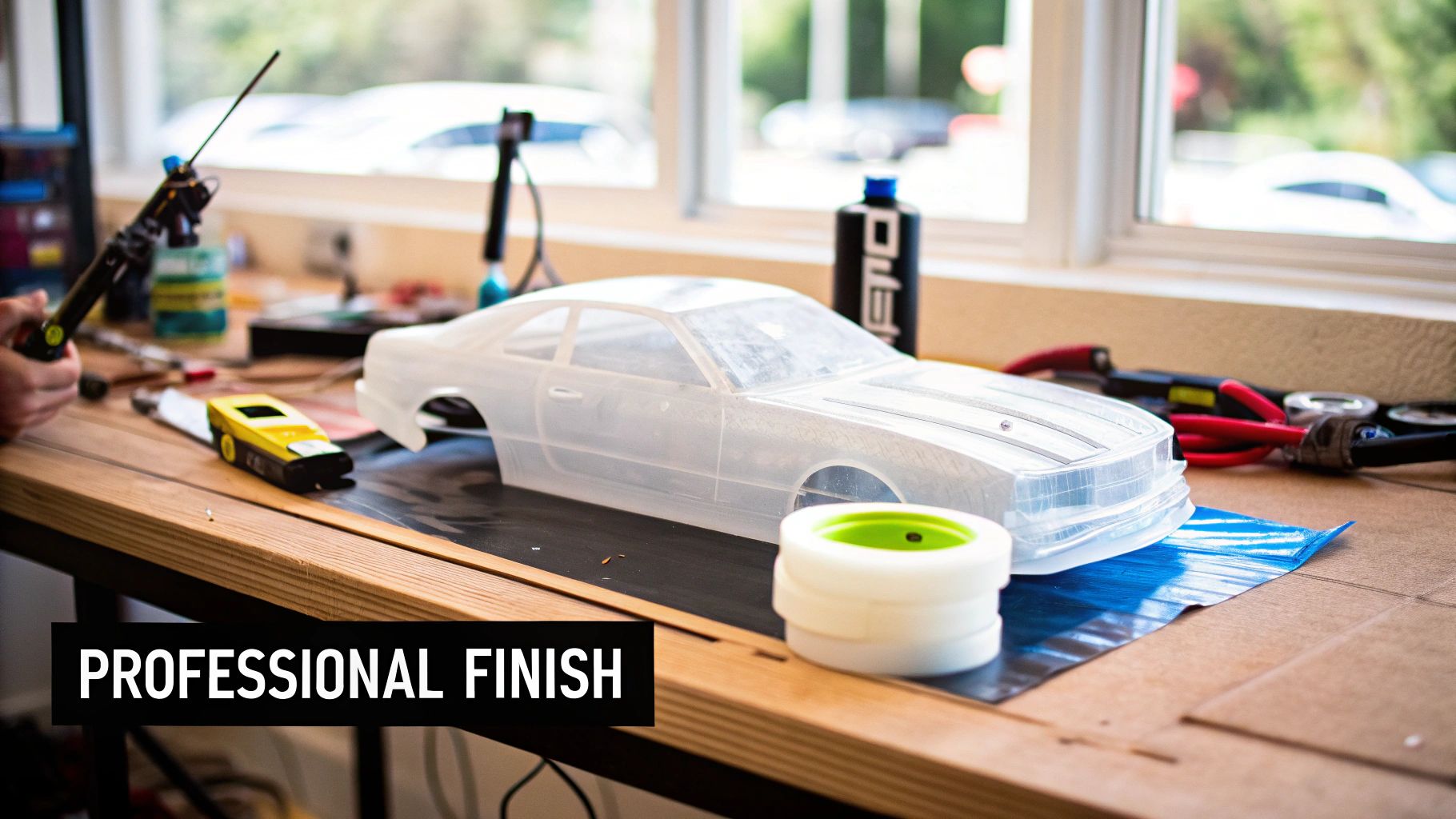 Transparent 1:10 scale RC car body on a workbench with tools, ready for a professional finish.