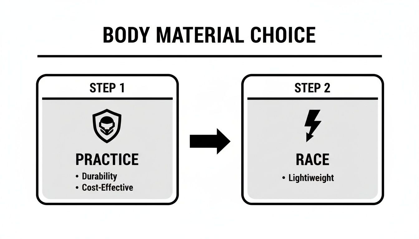 Flowchart detailing RC car body material choice: durable for practice, lightweight for race.