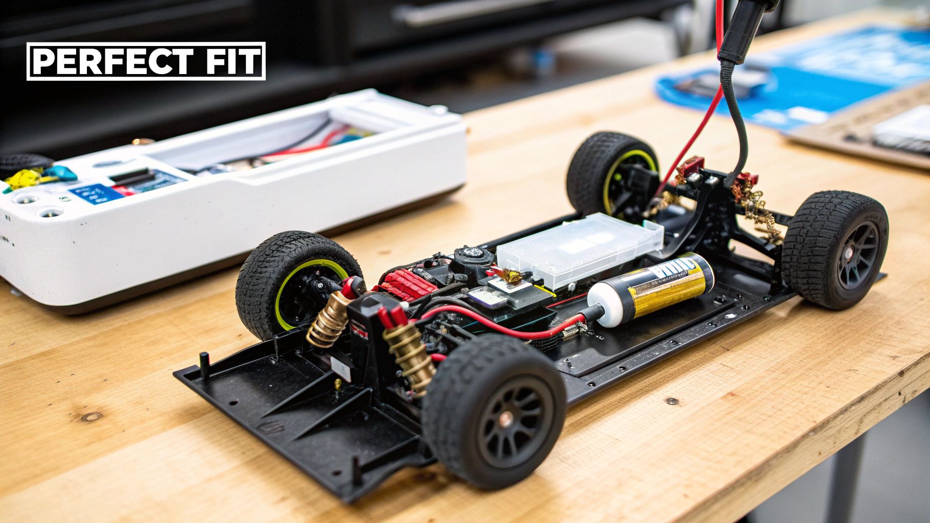 An RC car chassis with exposed electronics and components sits on a wooden workbench.