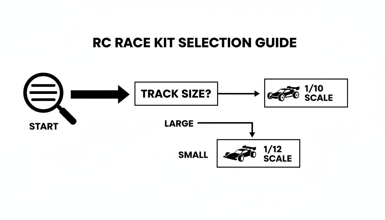 Flowchart guiding RC race kit scale selection based on track size, suggesting 1/10 for large and 1/12 for small tracks.