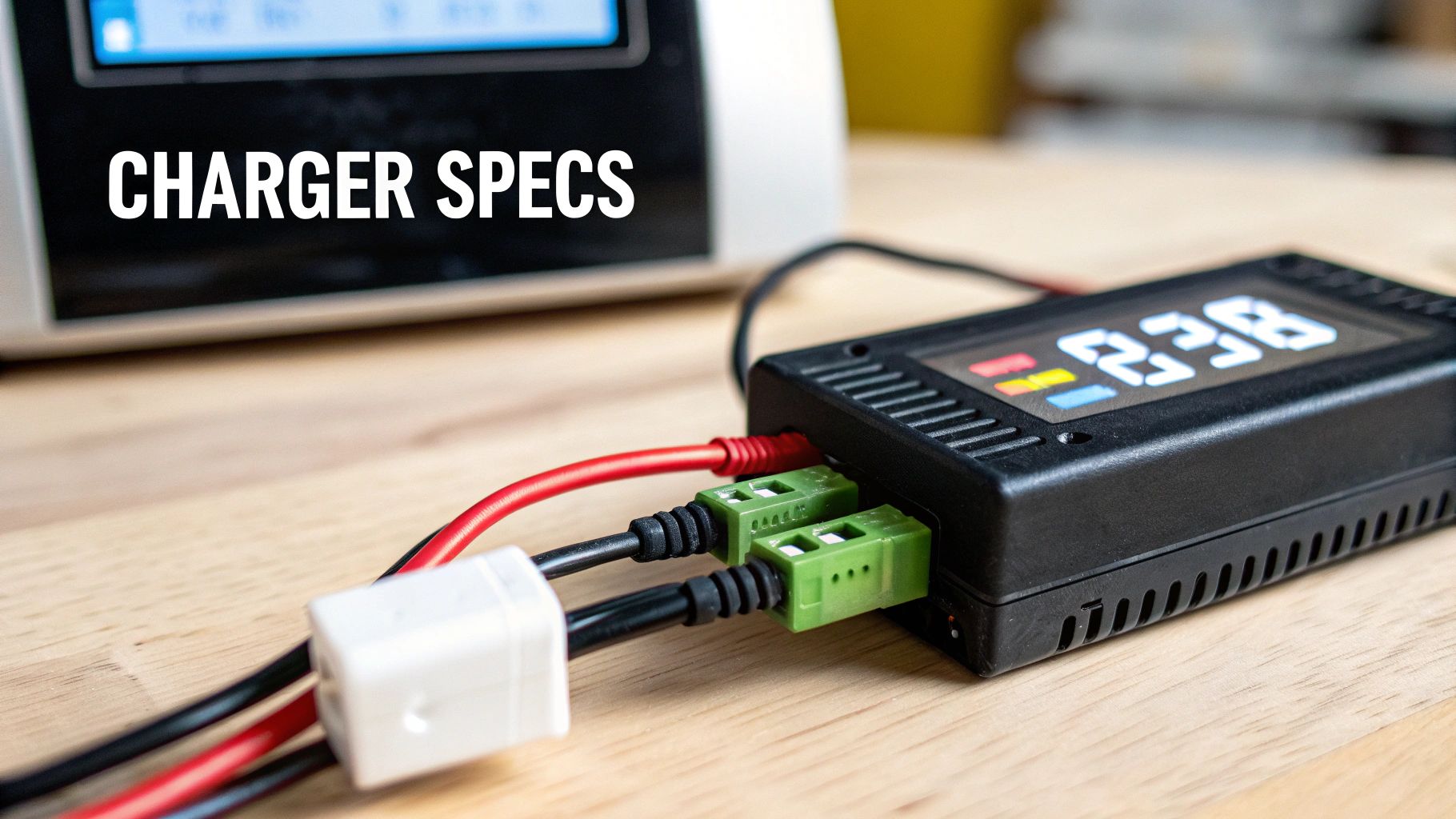 Close-up of a black battery charger connected with red and black wires, displaying '2.38' on its screen. 'CHARGER SPECS' text is visible in the blurred background.