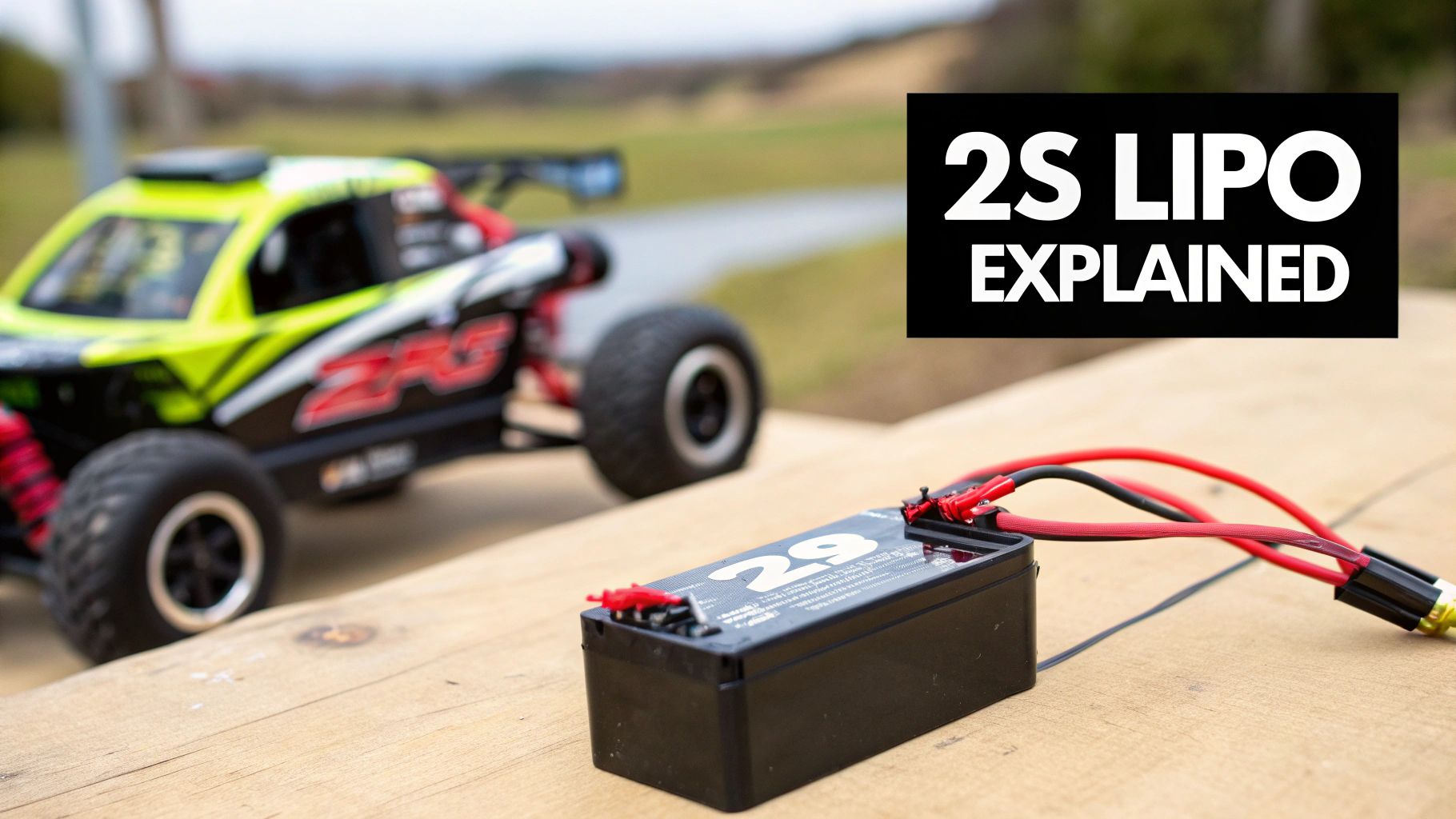 A 2S LiPo battery with red and black wires on a wooden table, with an RC car in the background.