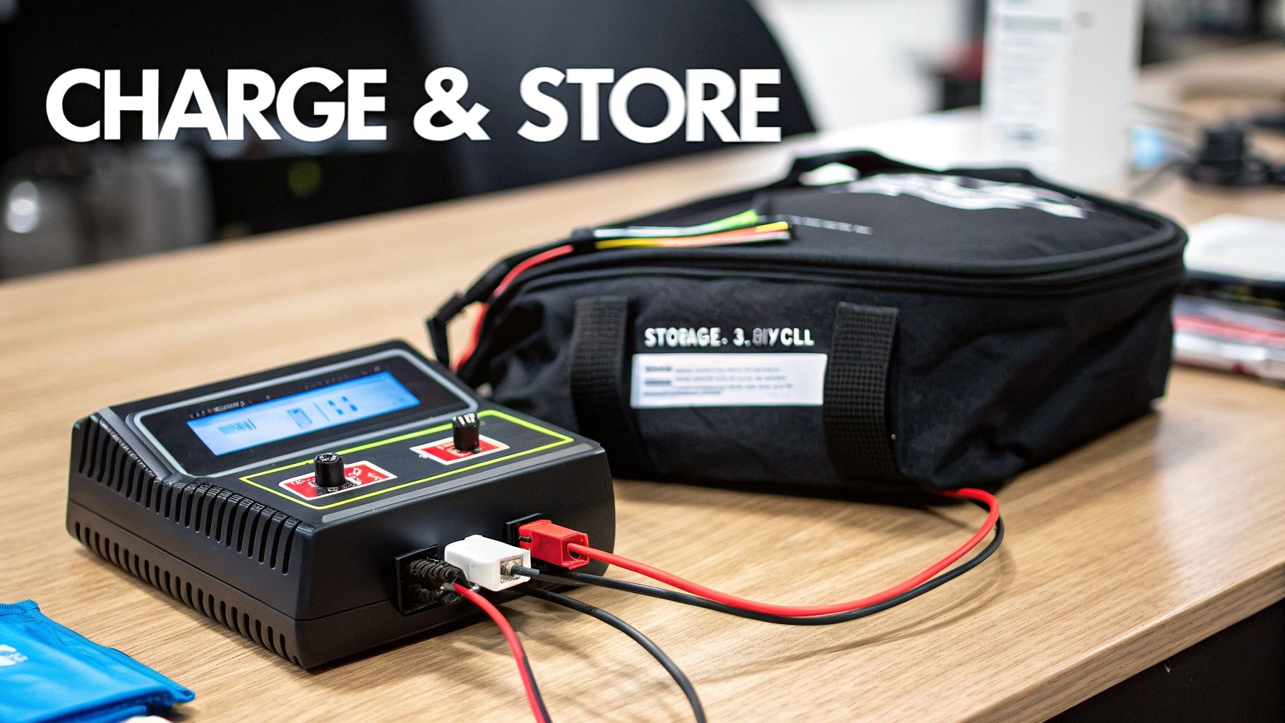 A black battery charger connected to a black storage bag on a wooden table, with 'CHARGE & STORE' text.